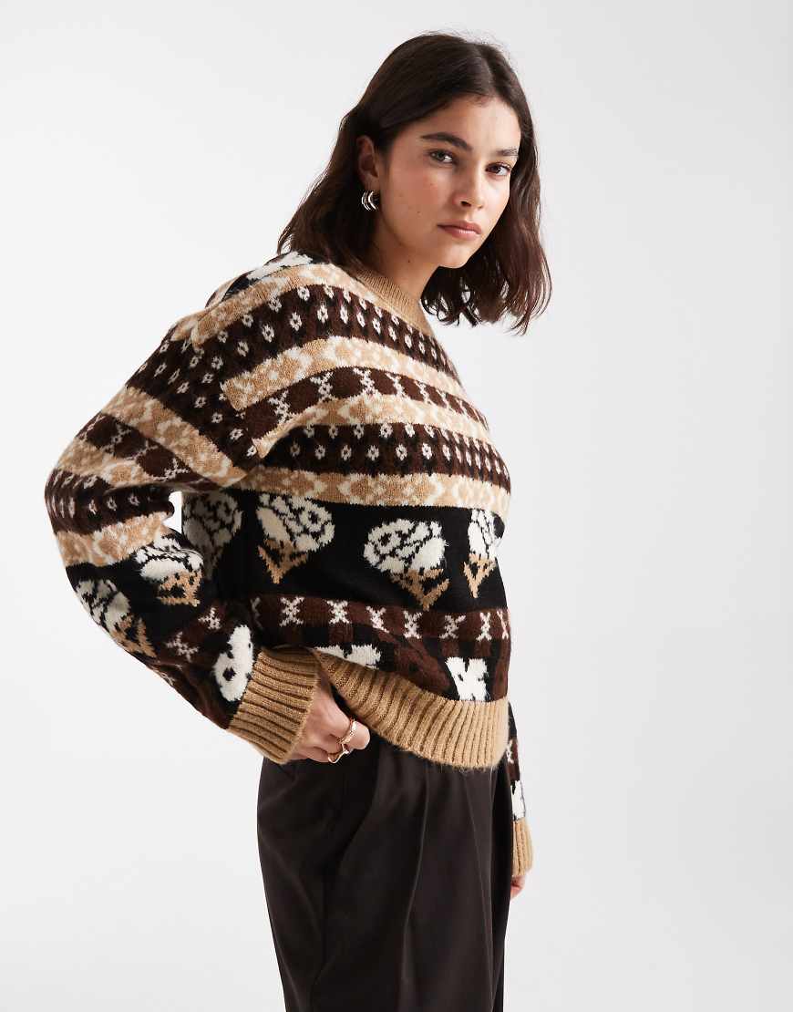 ASOS DESIGN - Pullover in Braun und Buttermilchgelb mit Norwegermuster-Rot von ASOS DESIGN