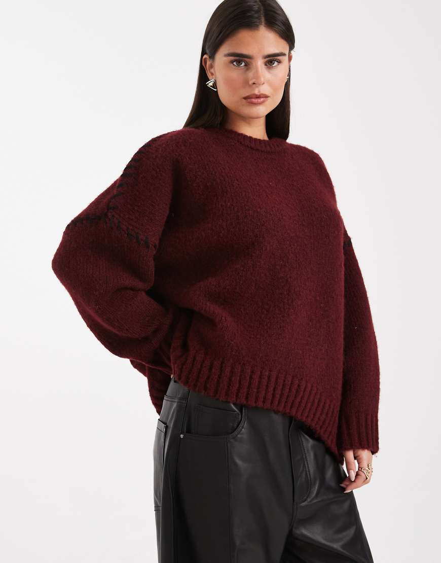 ASOS DESIGN - Pullover in Burgunderrot mit Languettenstich und Rundhalsausschnitt-Schwarz von ASOS DESIGN