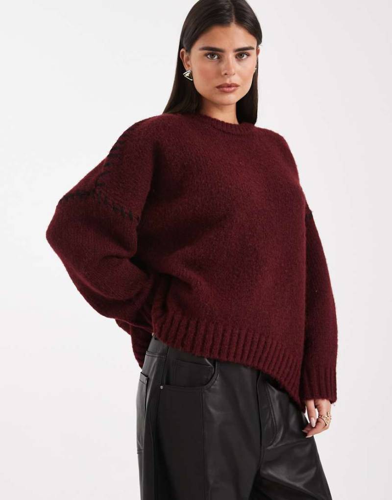ASOS DESIGN - Pullover in Burgunderrot mit Languettenstich und Rundhalsausschnitt-Schwarz von ASOS DESIGN