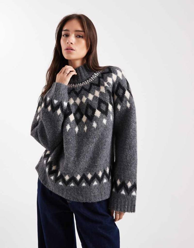 ASOS DESIGN - Pullover in Grau mit Fair-Isle-Muster und Stehkragen von ASOS DESIGN