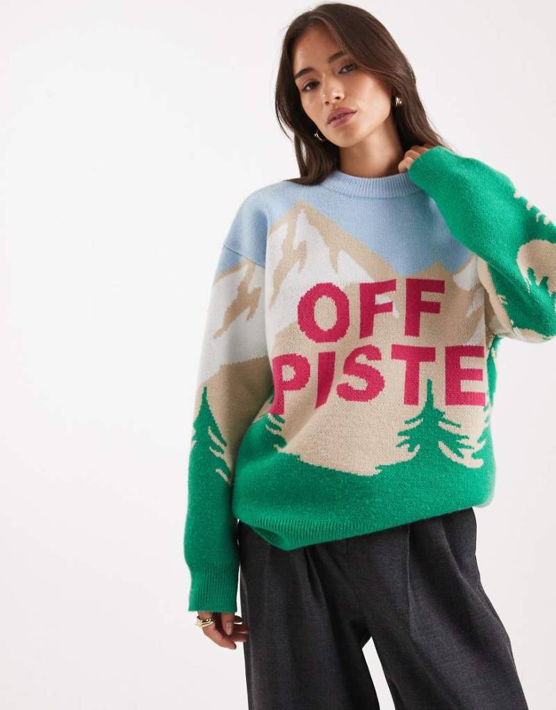 ASOS DESIGN - Pullover in Weiß mit Ski-Landschaftsprint und „Off Piste"-Schriftzug-Grün von ASOS DESIGN