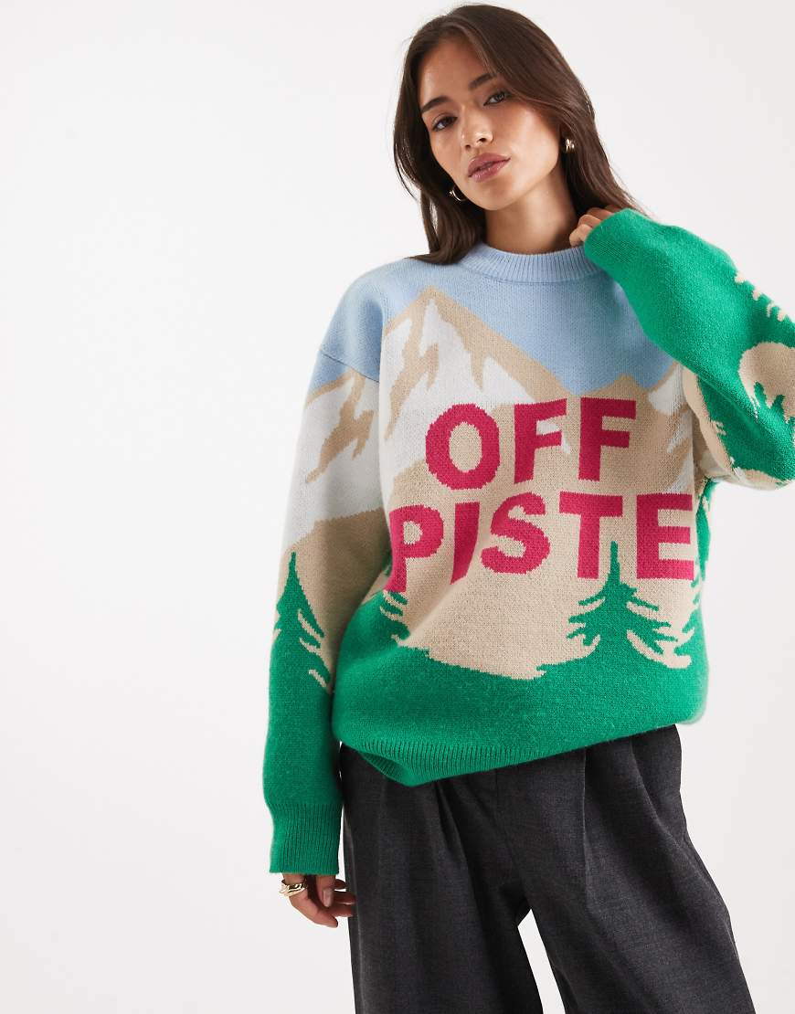 ASOS DESIGN - Pullover in Weiß mit Ski-Landschaftsprint und „Off Piste"-Schriftzug-Grün von ASOS DESIGN