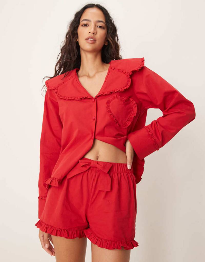 ASOS DESIGN - Pyjama-Shorts aus Baumwolle in Rot mit Rüschensaum, Kombiteil von ASOS DESIGN