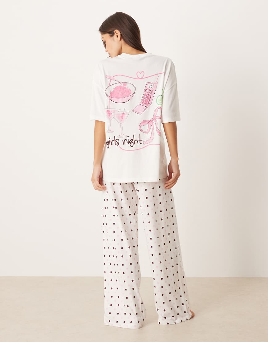 ASOS DESIGN - Pyjama aus Jersey, bestehend aus Oversize-T-Shirt mit „Girls Night"-Motivprint und weit geschnittener Hose-Bunt von ASOS DESIGN