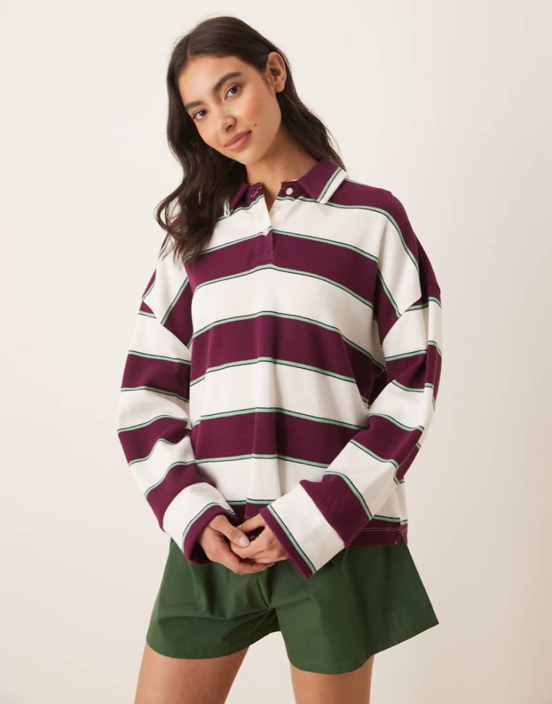 ASOS DESIGN - Pyjama mit langärmligem, gestreiftem Polohemd und Shorts-Rot von ASOS DESIGN
