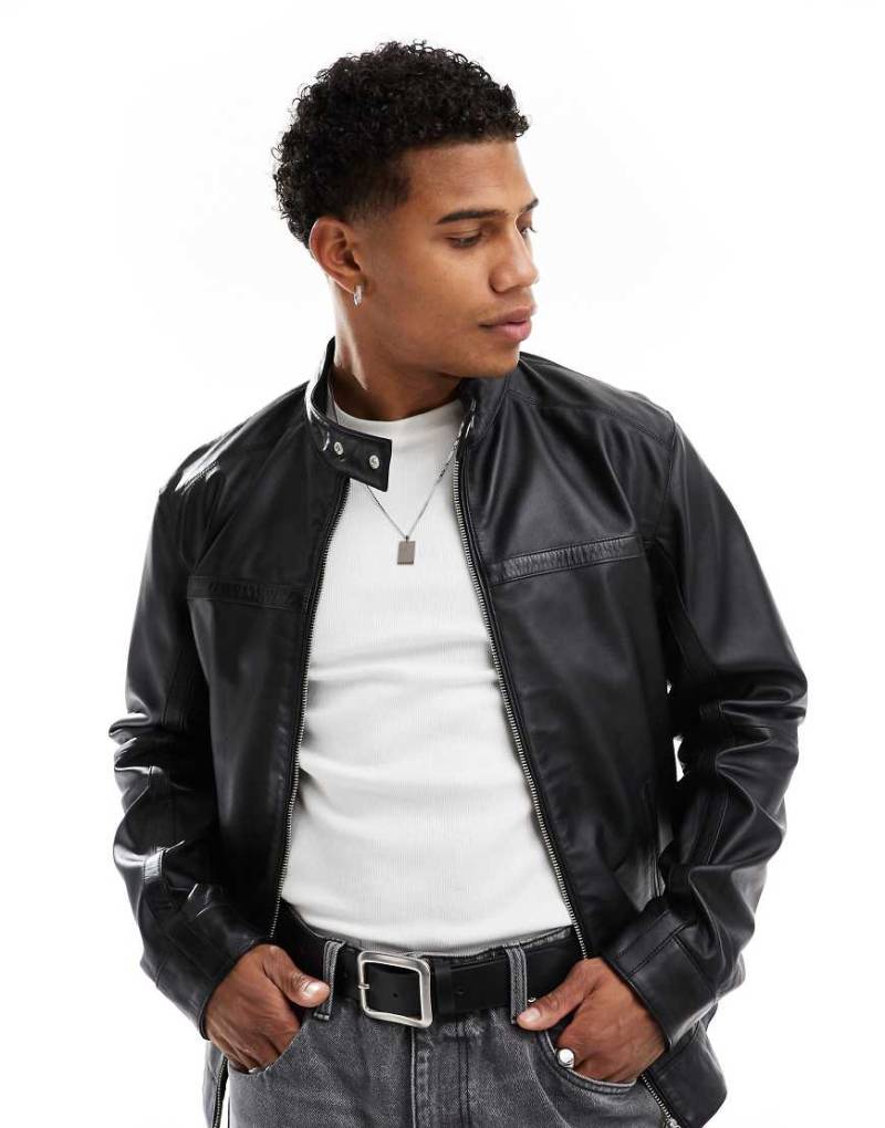 ASOS DESIGN - Racer-Jacke aus hochwertigem echtem Leder in Schwarz von ASOS DESIGN