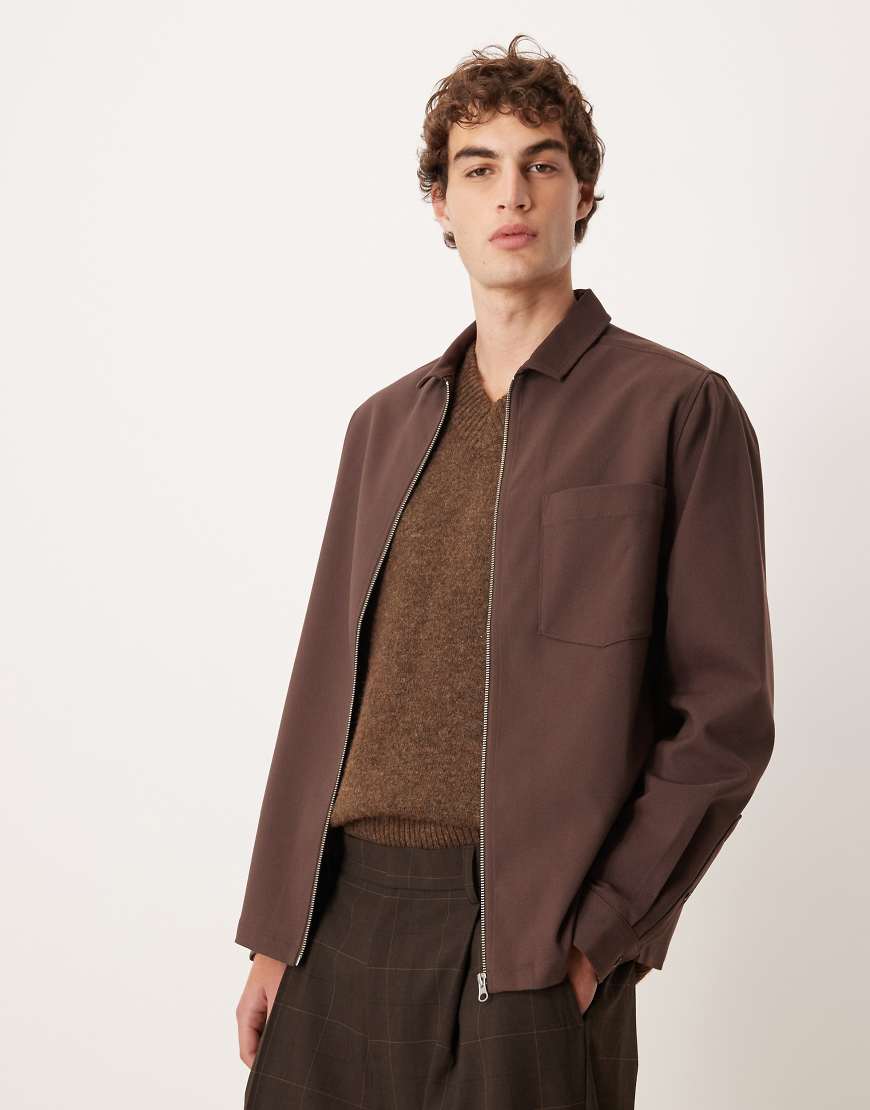 ASOS DESIGN - Relaxed-Fit-Hemd in Braun mit durchgehendem Reißverschluss-Brown von ASOS DESIGN