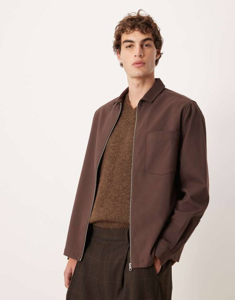ASOS DESIGN - Relaxed-Fit-Hemd in Braun mit durchgehendem Reißverschluss-Brown von ASOS DESIGN