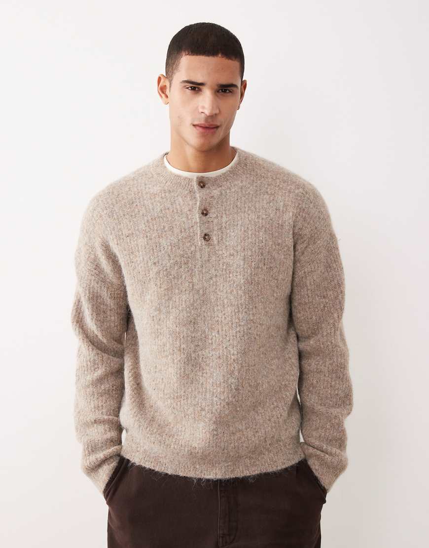 ASOS DESIGN - Relaxed Fit Henley-Strickpullover aus Wollmix in Beige-Grau von ASOS DESIGN