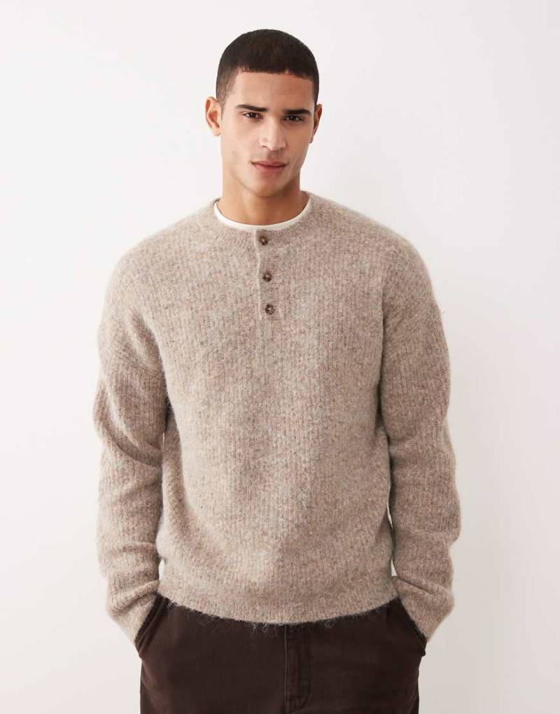 ASOS DESIGN - Relaxed Fit Henley-Strickpullover aus Wollmix in Beige-Grau von ASOS DESIGN