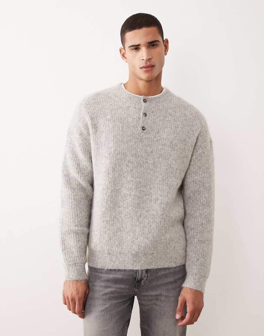 ASOS DESIGN - Relaxed Fit Henley-Strickpullover aus Wollmix in Grau-Neutral von ASOS DESIGN