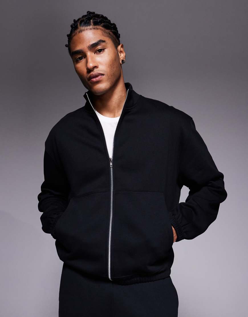 ASOS DESIGN - Relaxed Fit Jersey-Trainingsjacke in Schwarz mit Reißverschluss von ASOS DESIGN