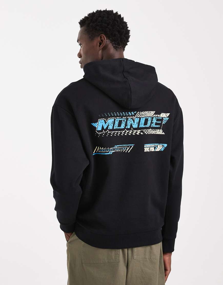 ASOS DESIGN - Relaxed-Fit-Kapuzenpullover in Blau mit Racing-Print in Knitteroptik-Schwarz von ASOS DESIGN