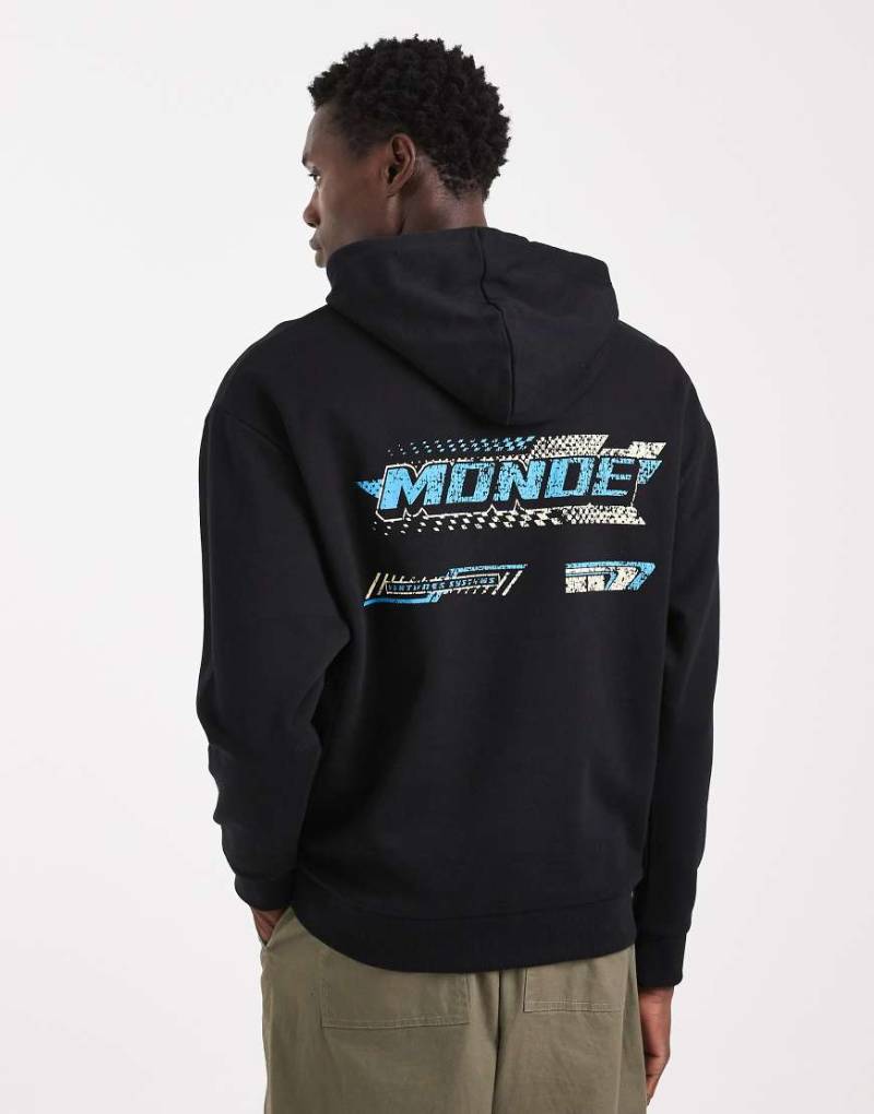 ASOS DESIGN - Relaxed-Fit-Kapuzenpullover in Blau mit Racing-Print in Knitteroptik-Schwarz von ASOS DESIGN