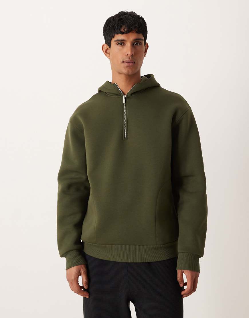 ASOS DESIGN - Relaxed-Fit-Kapuzenpullover in Khaki aus schwerem Stoff in Neoprenoptik mit kurzem Reißverschluss-Grün von ASOS DESIGN