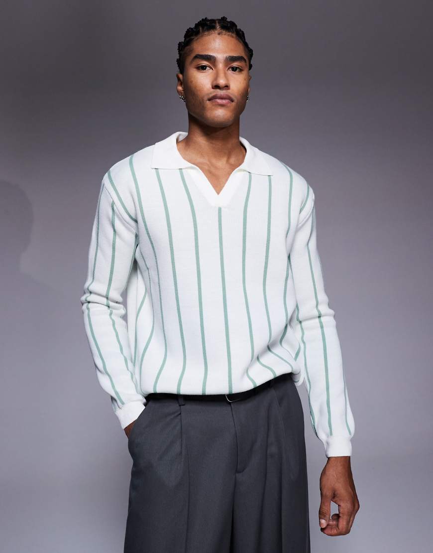 ASOS DESIGN - Relaxed-Fit-Polohemd aus Strick in ecru gestreift mit eingekerbtem Ausschnitt-Weiß ASOS DESIGN - Relaxed-Fit-Polohemd aus Strick in ecru gestreift mit eingekerbtem Ausschnitt-Weiß von ASOS DESIGN