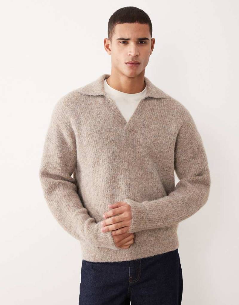 ASOS DESIGN - Relaxed-Fit-Strickpullover aus Wollmix in Beige mit eingekerbtem Polokragen-Grau von ASOS DESIGN