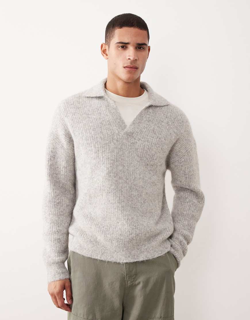 ASOS DESIGN - Relaxed-Fit-Strickpullover aus Wollmix in Grau mit eingekerbtem Polokragen-Grün von ASOS DESIGN