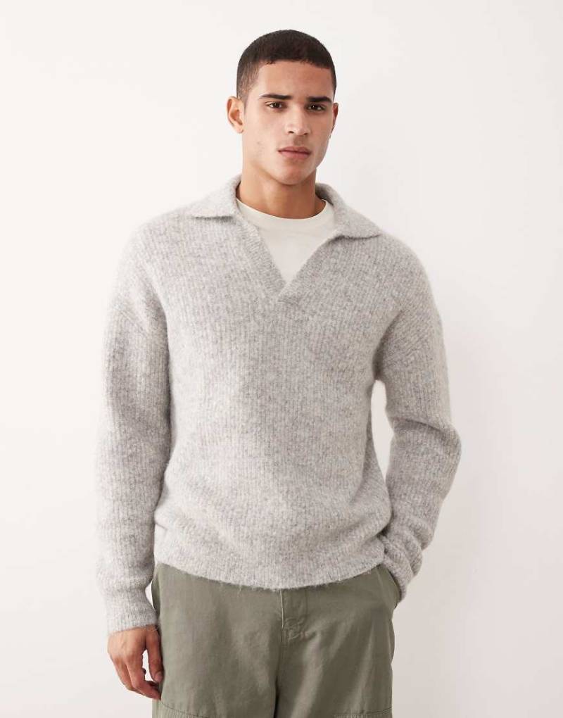 ASOS DESIGN - Relaxed-Fit-Strickpullover aus Wollmix in Grau mit eingekerbtem Polokragen-Grün von ASOS DESIGN