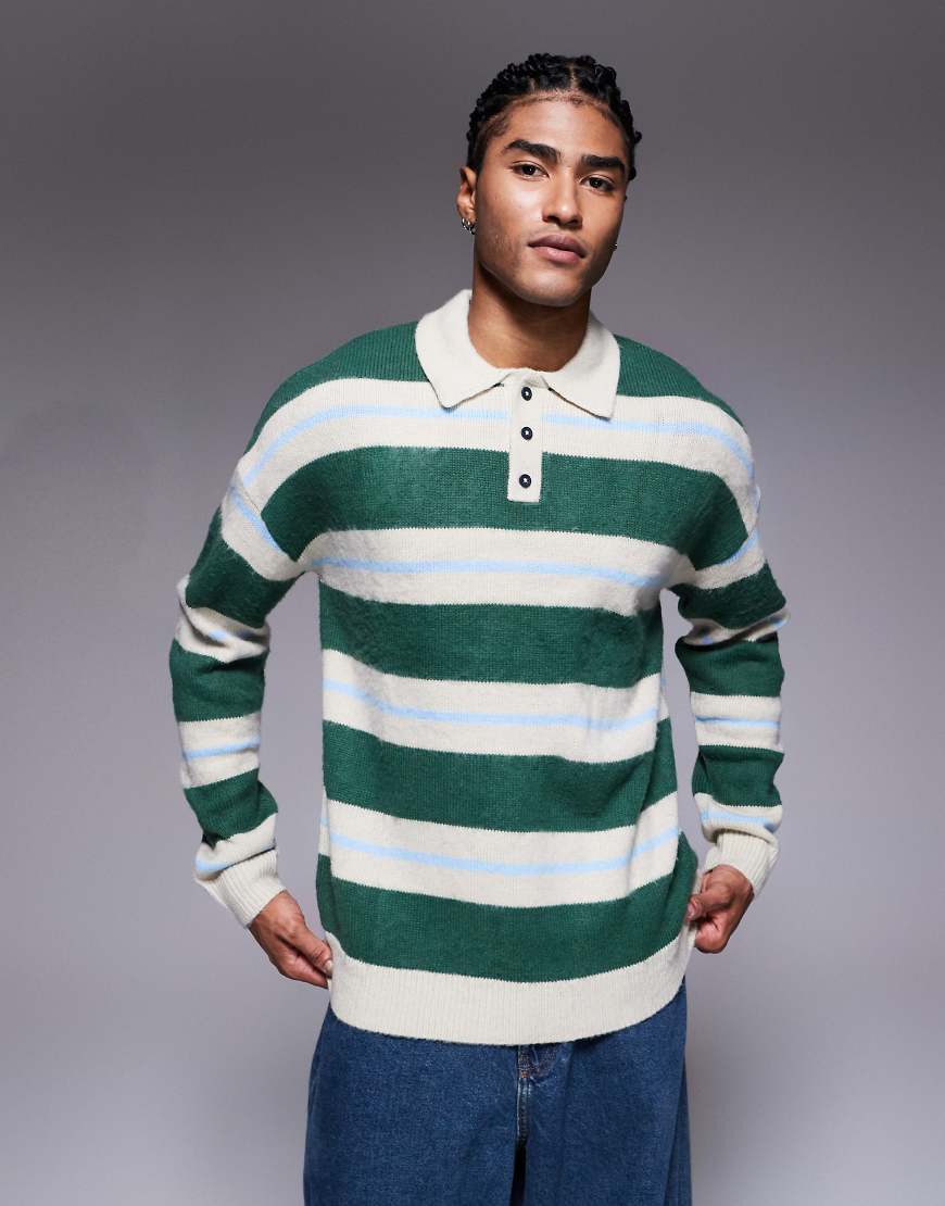 ASOS DESIGN - Relaxed-Fit-Strickpullover in Blau und Grün gestreift mit flauschiger Haptik und Polokragen-Bunt von ASOS DESIGN