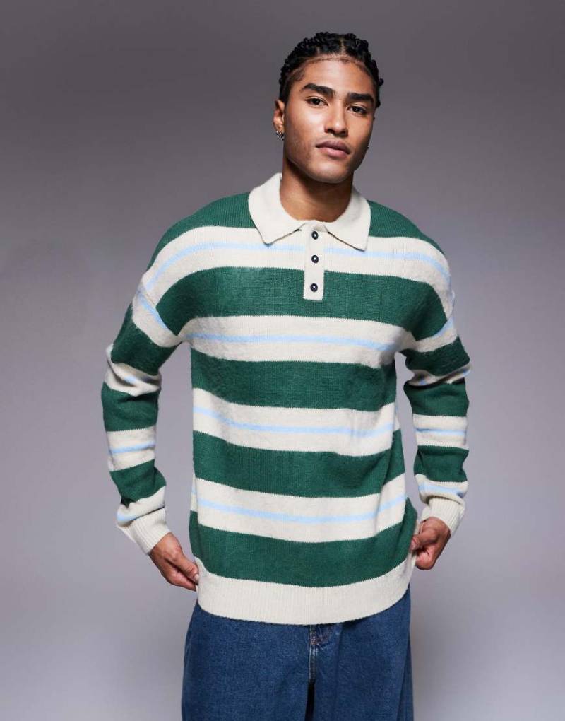 ASOS DESIGN - Relaxed-Fit-Strickpullover in Blau und Grün gestreift mit flauschiger Haptik und Polokragen-Bunt von ASOS DESIGN