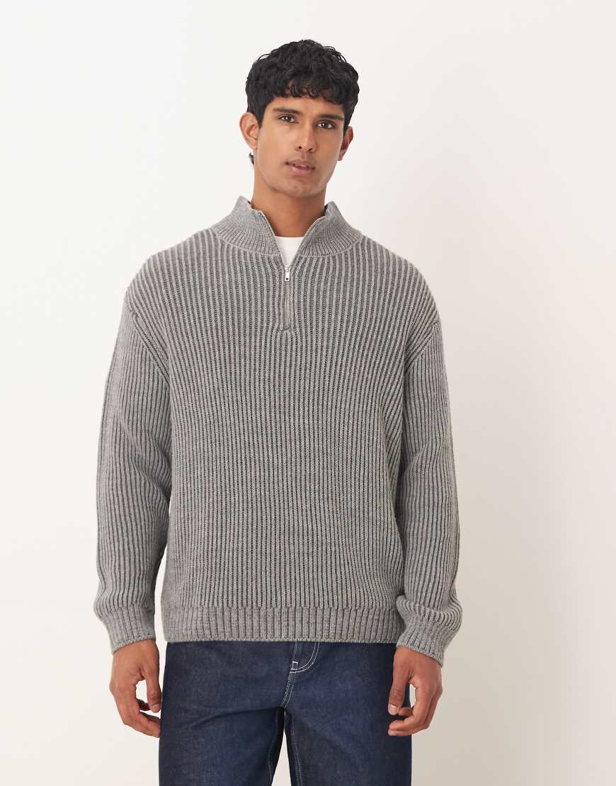 ASOS DESIGN - Relaxed-Fit-Strickpullover in Grau mit kurzem Reißverschluss-Grün ASOS DESIGN - Relaxed-Fit-Strickpullover in Grau mit kurzem Reißverschluss-Grün von ASOS DESIGN