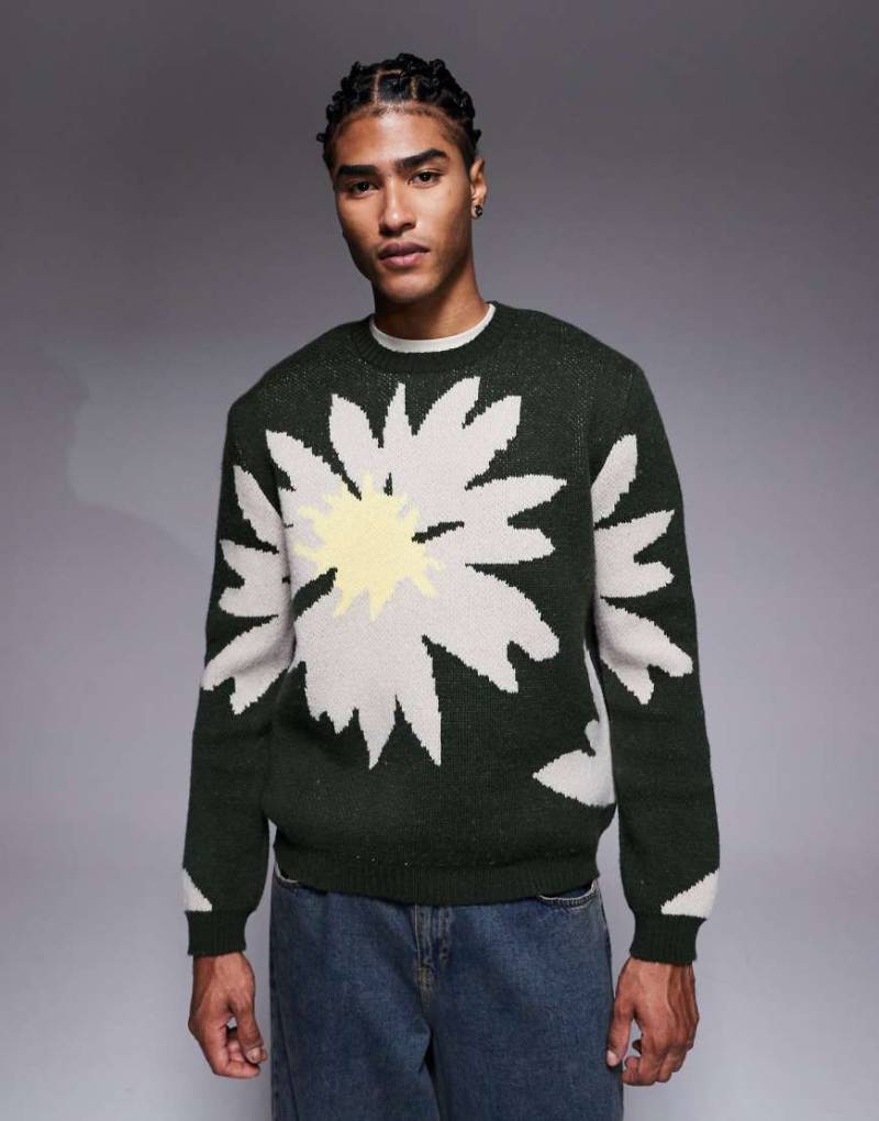 ASOS DESIGN - Relaxed-Fit-Strickpullover in Khaki mit Blumengrafik-Bunt von ASOS DESIGN