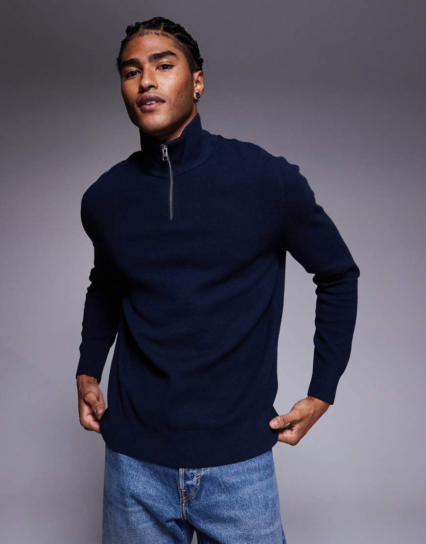 ASOS DESIGN - Relaxed Fit Strickpullover in Marineblau mit halblangem Reißverschluss von ASOS DESIGN