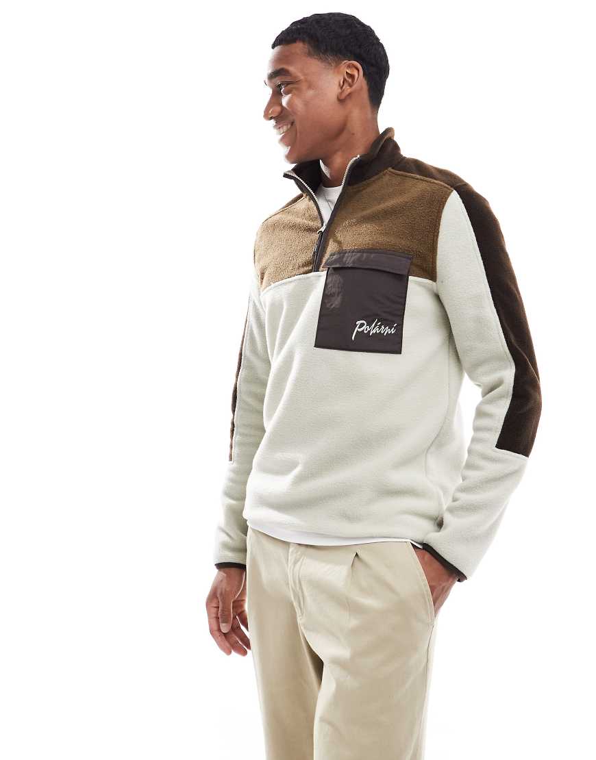 ASOS DESIGN - Relaxed-Fit-Sweatshirt in Beige aus Fleece mit Farbblockdesign und kurzem Reißverschluss-Neutral von ASOS DESIGN