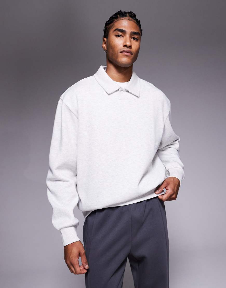 ASOS DESIGN - Relaxed-Fit-Sweatshirt in meliertem Eisgrau mit geripptem Kragen von ASOS DESIGN