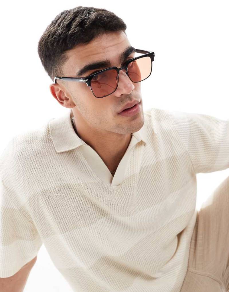ASOS DESIGN - Retro-Sonnenbrille in Schwarz mit bernsteinfarbenen Gläsern von ASOS DESIGN