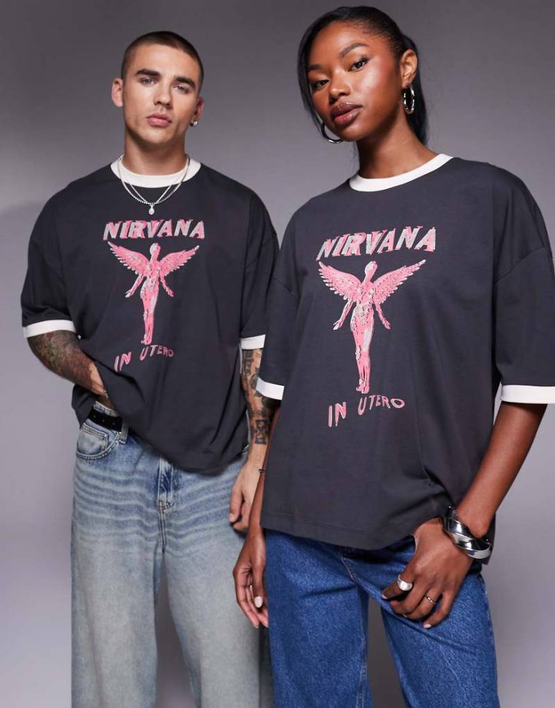 ASOS DESIGN - Ringer-T-Shirt in Anthrazit mit Unisex-Oversize-Schnitt und „Nirvana"-Print vorne-Grau von ASOS DESIGN