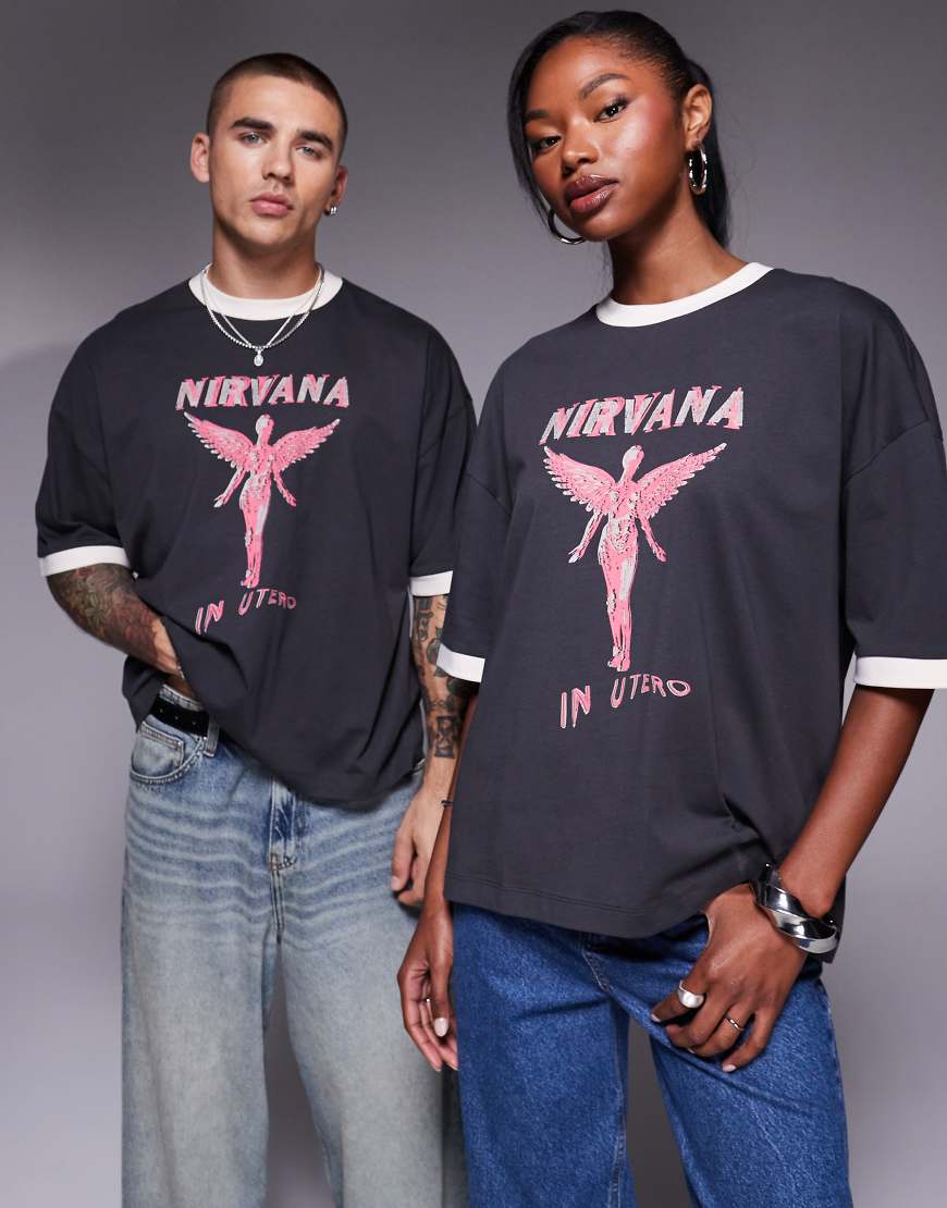 ASOS DESIGN - Ringer-T-Shirt in Anthrazit mit Unisex-Oversize-Schnitt und „Nirvana"-Print vorne-Grau ASOS DESIGN - Ringer-T-Shirt in Anthrazit mit Unisex-Oversize-Schnitt und „Nirvana"-Print vorne-Grau von ASOS DESIGN