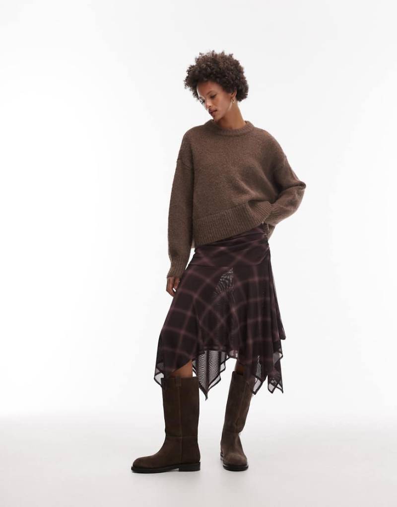 ASOS DESIGN - Rock aus Netzstoff in Braun kariert mit Zipfelsaum, Kombiteil-Bunt von ASOS DESIGN