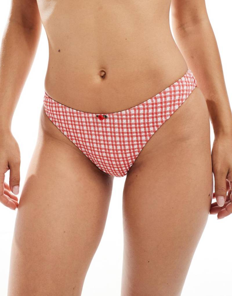 ASOS DESIGN - Rosalie Ibiza - Bikinihose mit hohem Beinausschnitt, rotem Karomuster und Rosenknospen-Detail von ASOS DESIGN