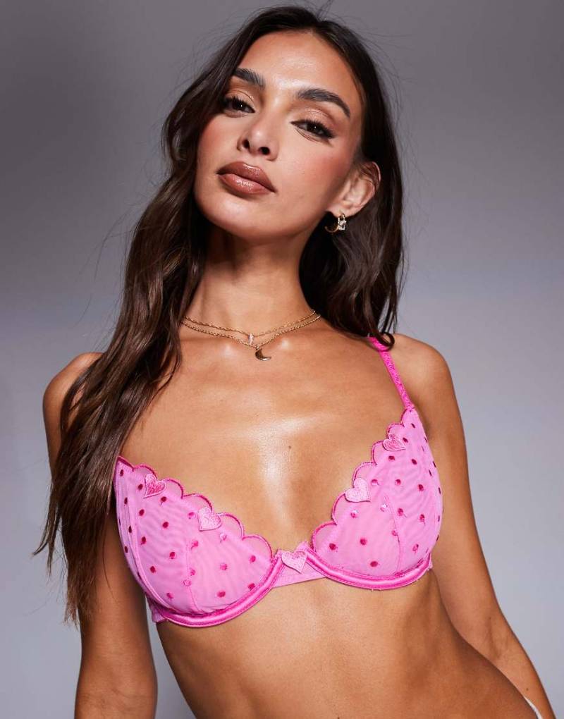 ASOS DESIGN - Roxy - Bügel-BH aus gepunktetem Netzstoff in Pink mit Herzdetails-Rosa von ASOS DESIGN