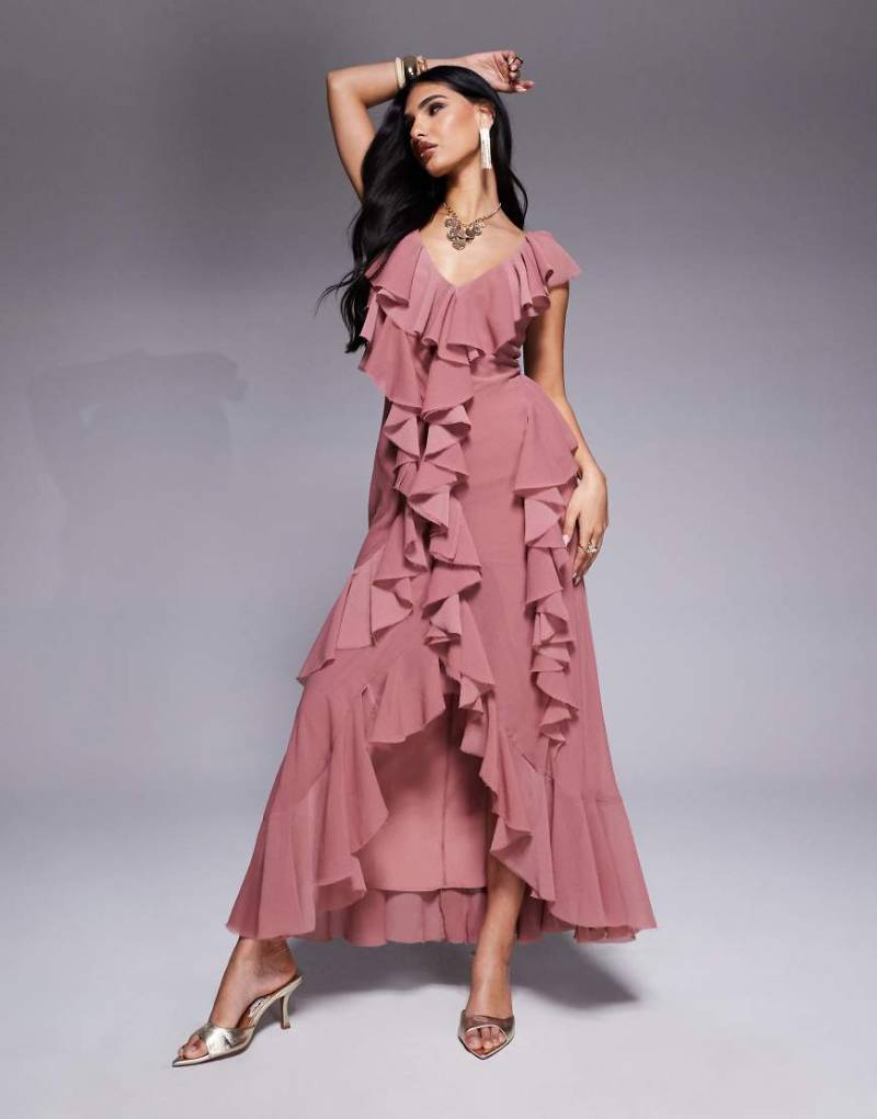 ASOS DESIGN - Rüschen-Maxikleid in Rosé mit Rückenausschnitt und Schrägschnitt-Rosa von ASOS DESIGN