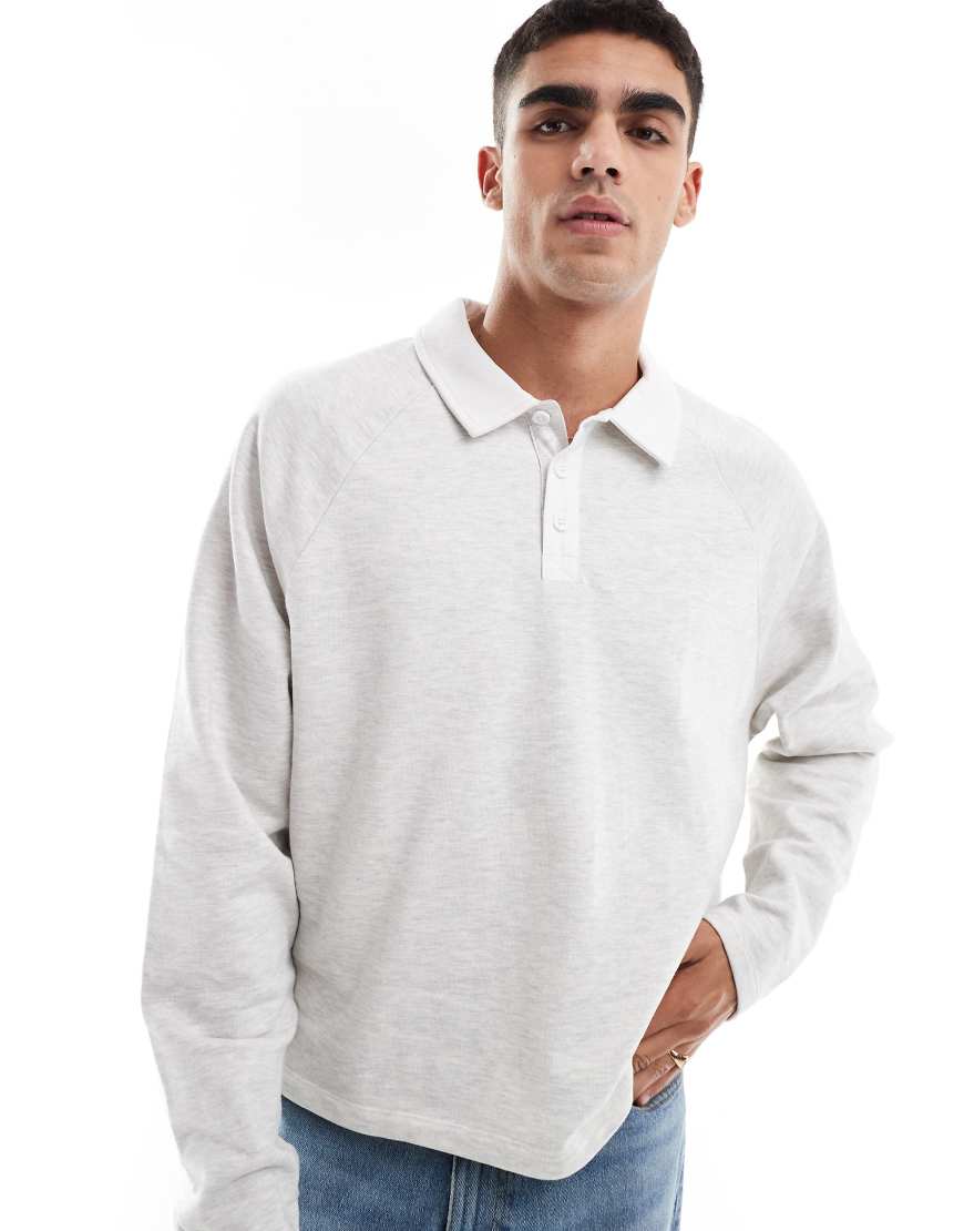 ASOS DESIGN - Rugby-Polo-Sweatshirt in Eisgrau meliert mit Raglanärmeln-Weiß von ASOS DESIGN