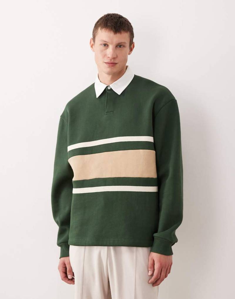 ASOS DESIGN - Rugby-Polo-Sweatshirt in Grün im Relaxed Fit mit Cut-and-Sew-Design von ASOS DESIGN