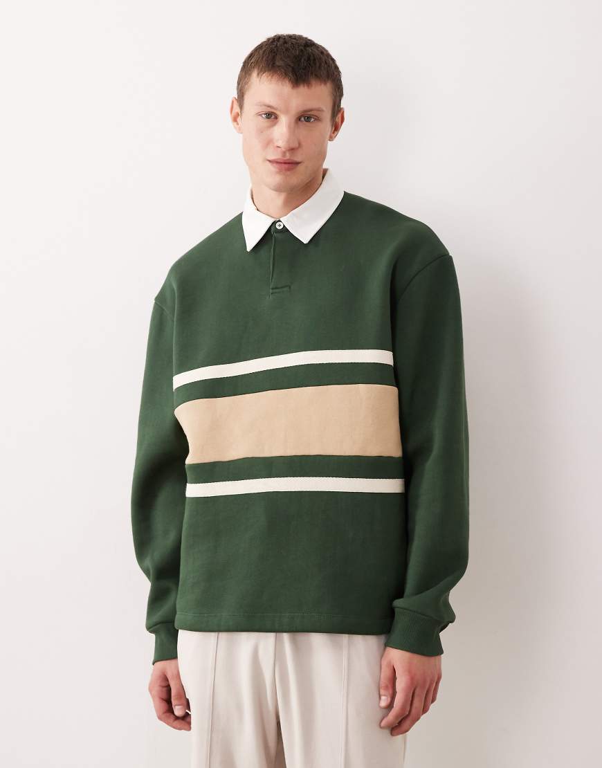 ASOS DESIGN - Rugby-Polo-Sweatshirt in Grün im Relaxed Fit mit Cut-and-Sew-Design von ASOS DESIGN