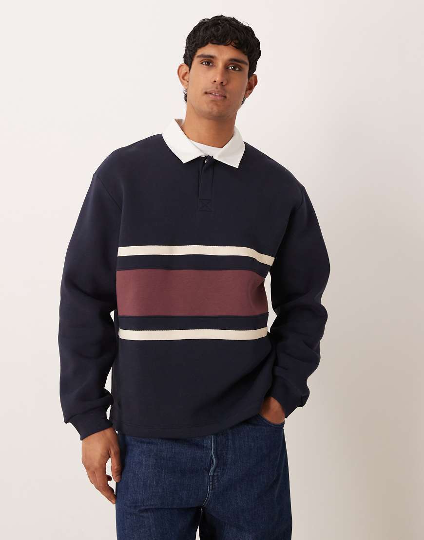 ASOS DESIGN - Rugby-Polo-Sweatshirt in Marineblau mit Cut-and-Sew-Design in Relaxed-Fit-Passform von ASOS DESIGN