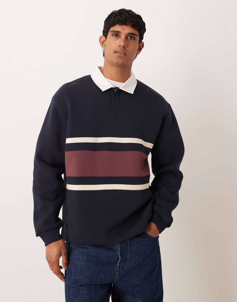 ASOS DESIGN - Rugby-Polo-Sweatshirt in Marineblau mit Cut-and-Sew-Design in Relaxed-Fit-Passform von ASOS DESIGN