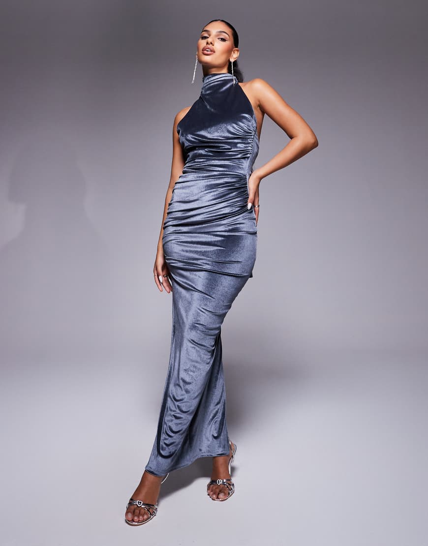 ASOS DESIGN - Samt-Maxikleid in Anthrazit mit verdrehter Brustpartie und hinten gebundenem Neckholder-Grau ASOS DESIGN - Samt-Maxikleid in Anthrazit mit verdrehter Brustpartie und hinten gebundenem Neckholder-Grau von ASOS DESIGN