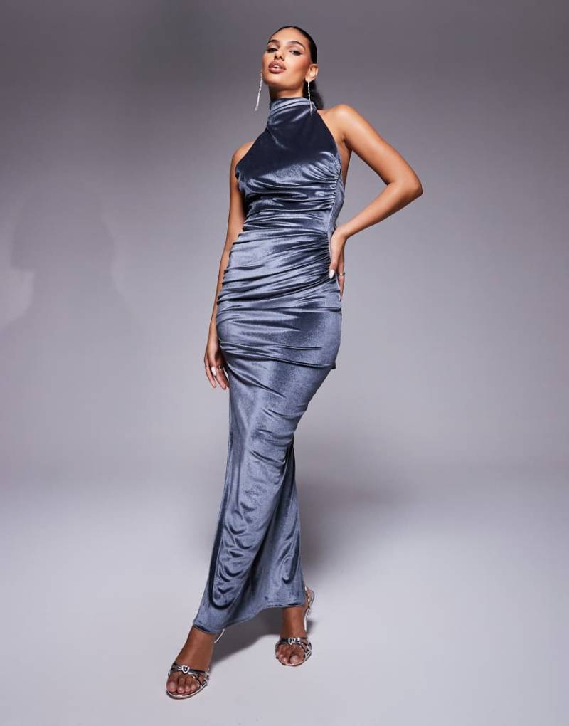 ASOS DESIGN - Samt-Maxikleid in Anthrazit mit verdrehter Brustpartie und hinten gebundenem Neckholder-Grau von ASOS DESIGN