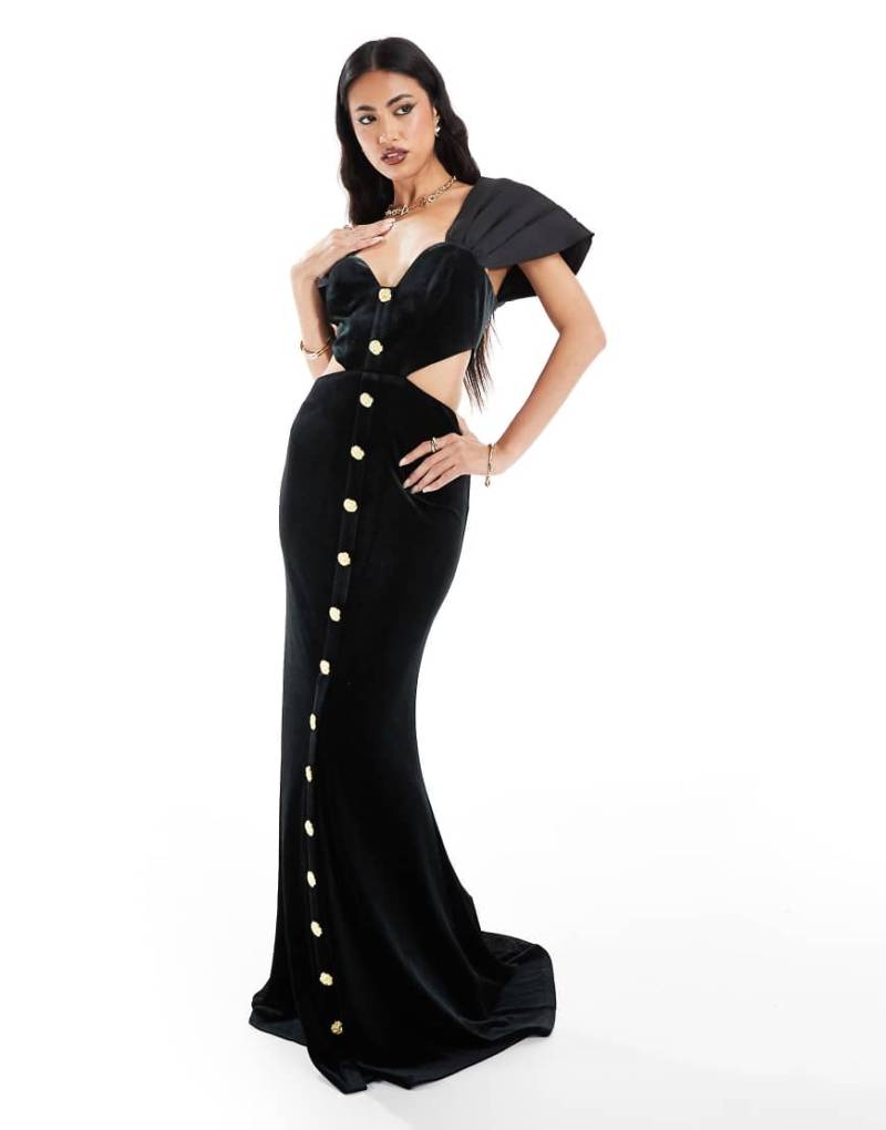 ASOS DESIGN - Samt-Maxikleid in Schwarz mit abgesetzten Satinärmeln und goldenem Knopfdetail von ASOS DESIGN