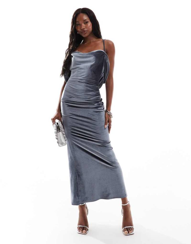 ASOS DESIGN - Samt-Midikleid in Anthrazit mit Wasserfallausschnitt hinten-Grau von ASOS DESIGN