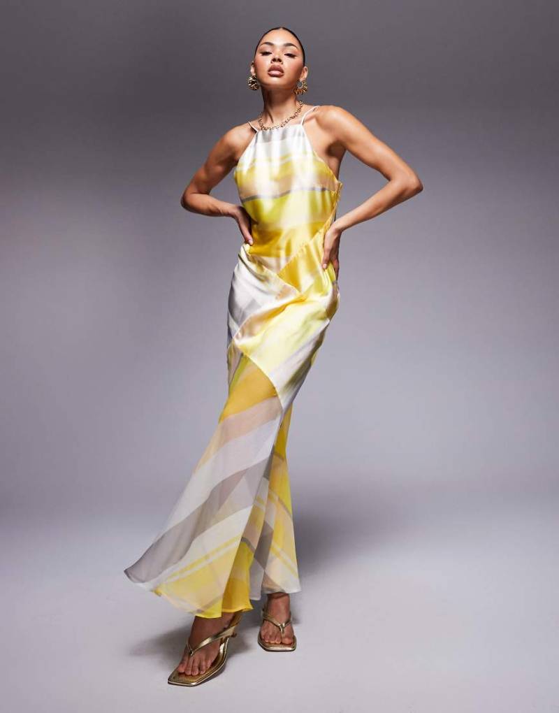 ASOS DESIGN - Satin-Maxikleid in Gelb mit Streifen-Print, Chiffon-Rock und Bahnen-Design-Bunt von ASOS DESIGN