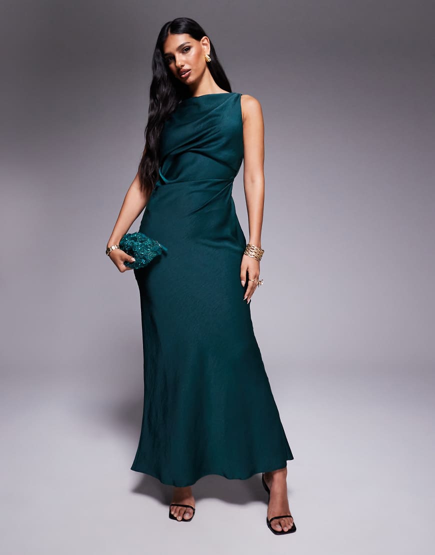 ASOS DESIGN - Satin-Maxikleid in Petrol mit drapiertem Oberteil und Wasserfallausschnitt am Rücken-Grün von ASOS DESIGN