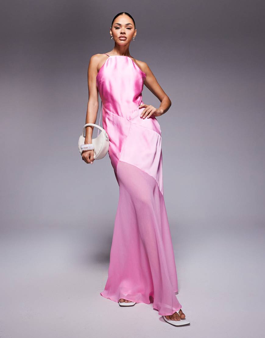 ASOS DESIGN - Satin-Maxikleid in Rosa mit Chiffon-Rock und Bahnen-Design von ASOS DESIGN