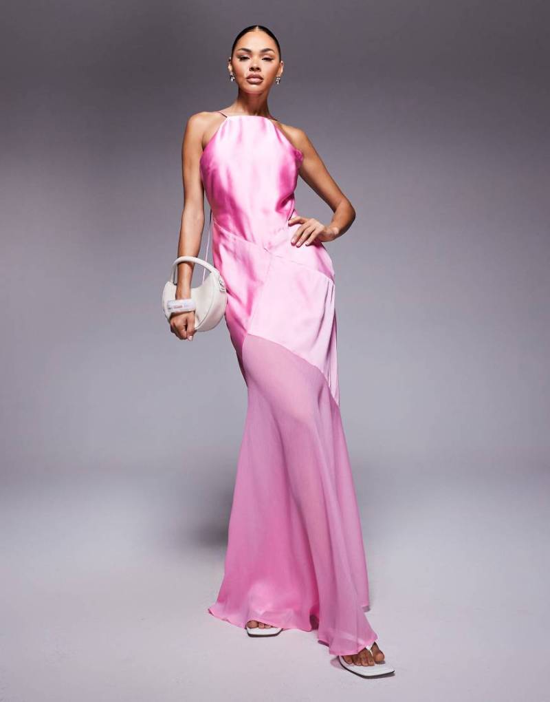 ASOS DESIGN - Satin-Maxikleid in Rosa mit Chiffon-Rock und Bahnen-Design von ASOS DESIGN